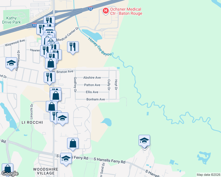 map of restaurants, bars, coffee shops, grocery stores, and more near 2227 Cully Drive in Baton Rouge