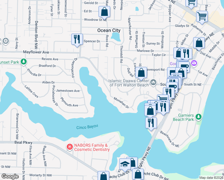 map of restaurants, bars, coffee shops, grocery stores, and more near 306 Bella Vista Road in Fort Walton Beach
