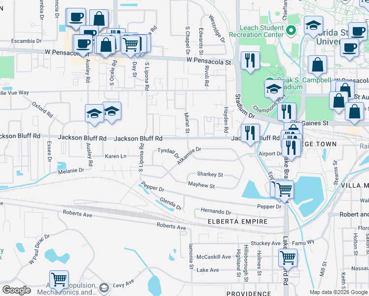 map of restaurants, bars, coffee shops, grocery stores, and more near 1717 Airport Drive in Tallahassee