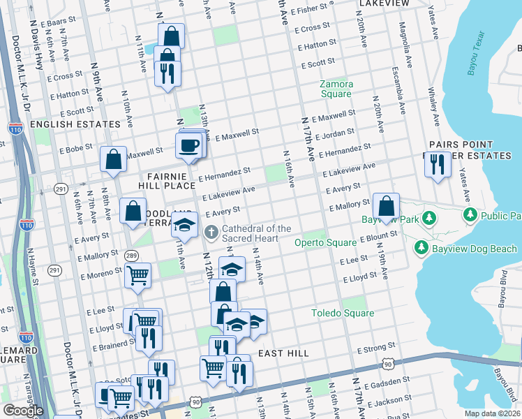 map of restaurants, bars, coffee shops, grocery stores, and more near 1411 East Avery Street in Pensacola