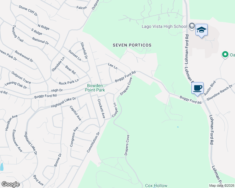 map of restaurants, bars, coffee shops, grocery stores, and more near 4205 Cooper Lane in Lago Vista