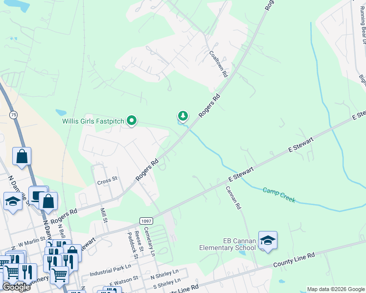 map of restaurants, bars, coffee shops, grocery stores, and more near 13596 Rogers Road in Willis