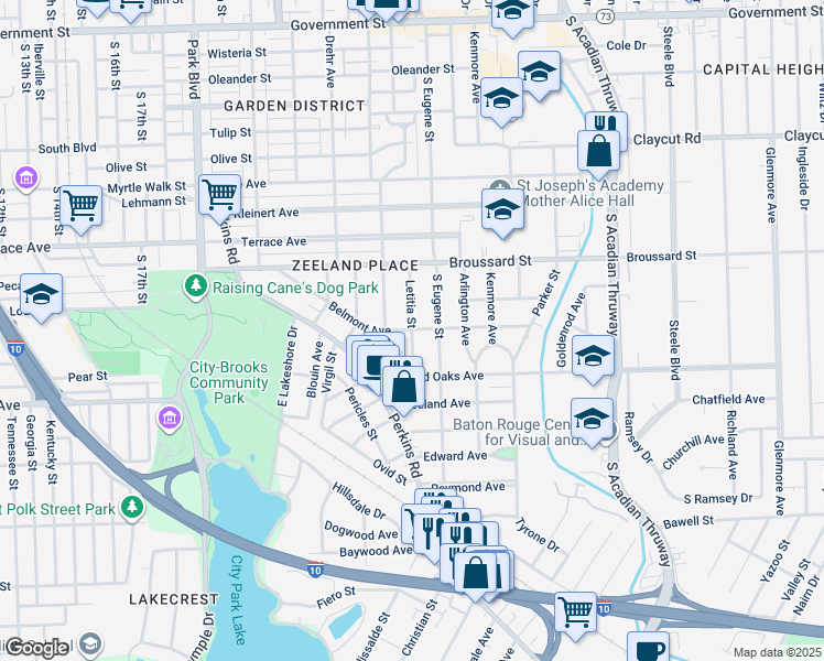 map of restaurants, bars, coffee shops, grocery stores, and more near Letitia Street in Baton Rouge