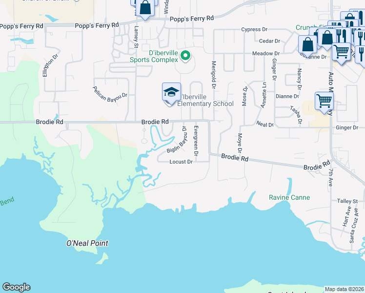 map of restaurants, bars, coffee shops, grocery stores, and more near 4506 Magnolia Cove East in D'Iberville