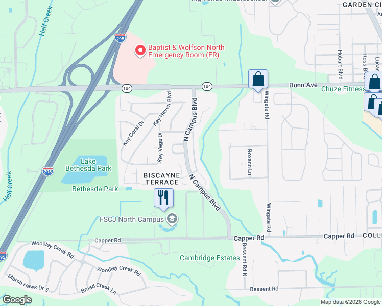 map of restaurants, bars, coffee shops, grocery stores, and more near 10932 Campus Heights Lane in Jacksonville
