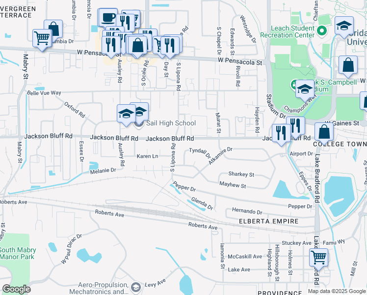 map of restaurants, bars, coffee shops, grocery stores, and more near 1830 Tyndall Drive in Tallahassee