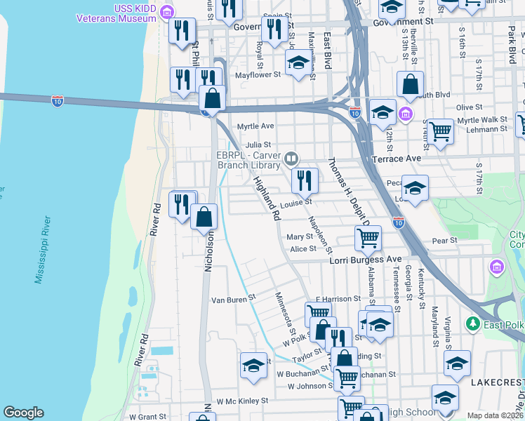 map of restaurants, bars, coffee shops, grocery stores, and more near 4024 Emily Drive in Port Allen