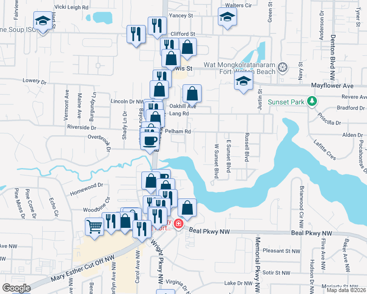 map of restaurants, bars, coffee shops, grocery stores, and more near 218 Pelham Road in Fort Walton Beach