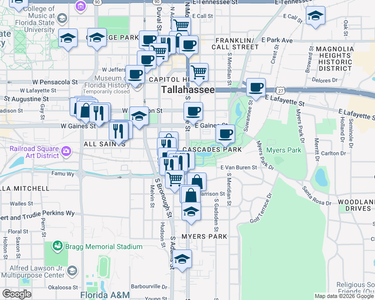 map of restaurants, bars, coffee shops, grocery stores, and more near 1004 South Monroe Street in Tallahassee