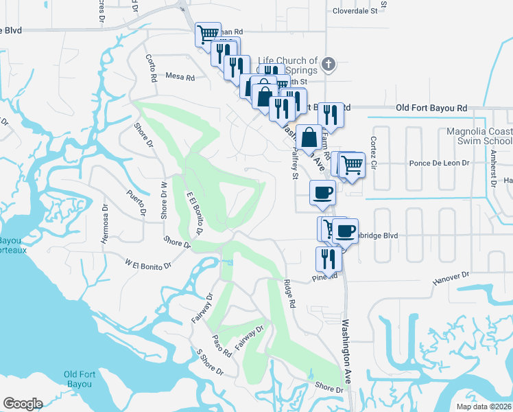 map of restaurants, bars, coffee shops, grocery stores, and more near 6313 Poco Road in Ocean Springs
