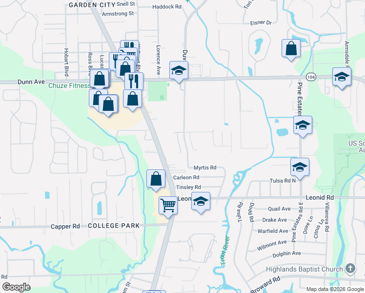 map of restaurants, bars, coffee shops, grocery stores, and more near 10913 Hidden Haven Court in Jacksonville