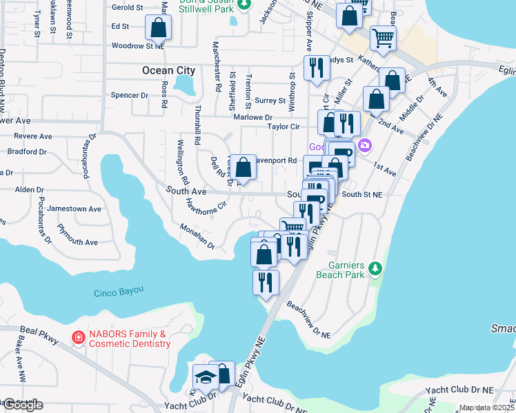 map of restaurants, bars, coffee shops, grocery stores, and more near 120 Monahan Drive in Fort Walton Beach