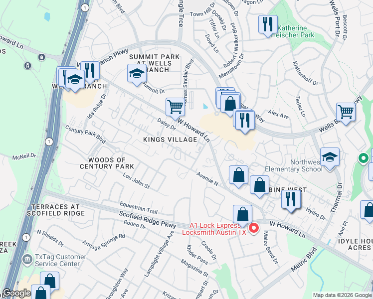 map of restaurants, bars, coffee shops, grocery stores, and more near 2204 Gardenia Drive in Austin