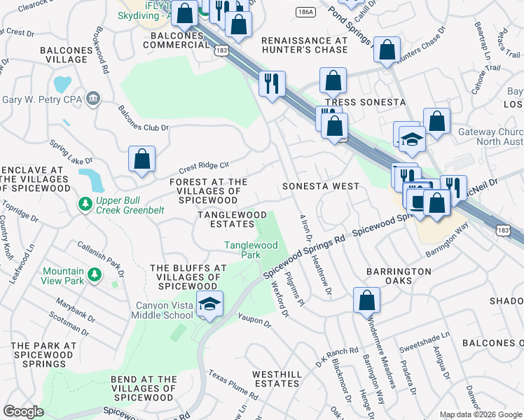map of restaurants, bars, coffee shops, grocery stores, and more near 11529 Rustic Rock Drive in Austin
