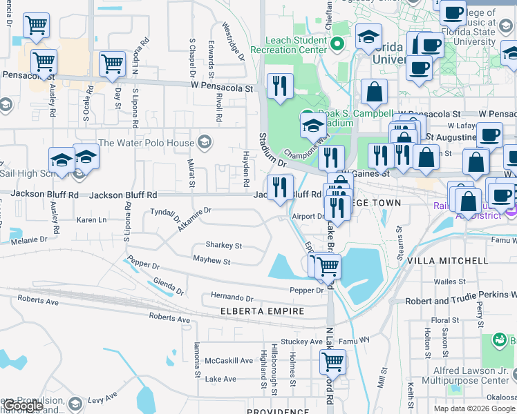 map of restaurants, bars, coffee shops, grocery stores, and more near 1327 Jackson Bluff Road in Tallahassee