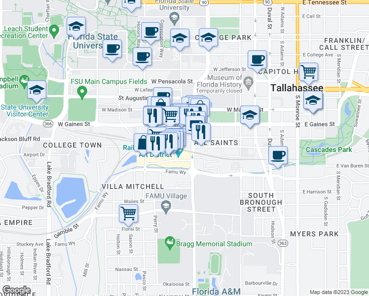 map of restaurants, bars, coffee shops, grocery stores, and more near 918 Railroad Avenue in Tallahassee