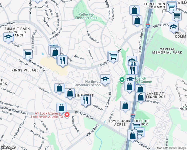 map of restaurants, bars, coffee shops, grocery stores, and more near 14100 Thermal Drive in Austin