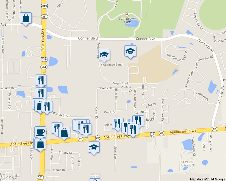 map of restaurants, bars, coffee shops, grocery stores, and more near 3417 Prock Drive in Tallahassee