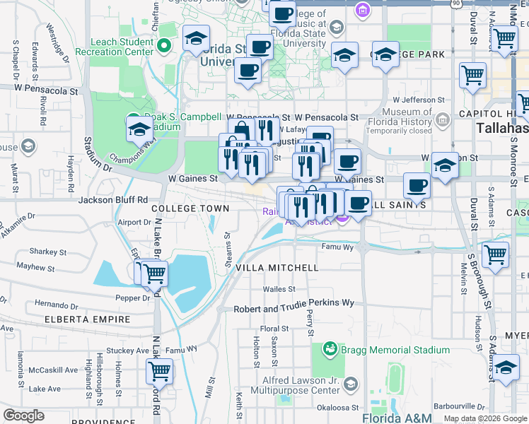 map of restaurants, bars, coffee shops, grocery stores, and more near 745 Mosley St in Tallahassee