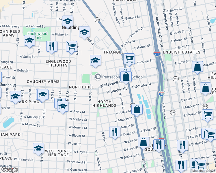 map of restaurants, bars, coffee shops, grocery stores, and more near 2103 North Spring Street in Pensacola