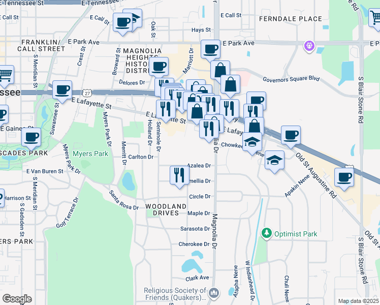 map of restaurants, bars, coffee shops, grocery stores, and more near 1112 South Magnolia Drive in Tallahassee