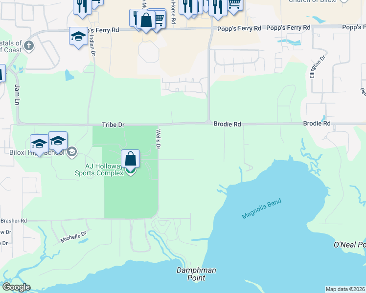 map of restaurants, bars, coffee shops, grocery stores, and more near 1735 Tribe Drive in Biloxi
