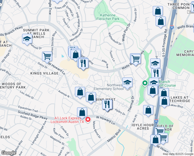 map of restaurants, bars, coffee shops, grocery stores, and more near 1904 Bench Mark Drive in Austin