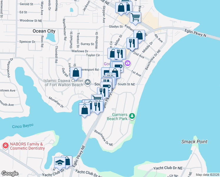 map of restaurants, bars, coffee shops, grocery stores, and more near 290 Eglin Parkway Northeast in Fort Walton Beach