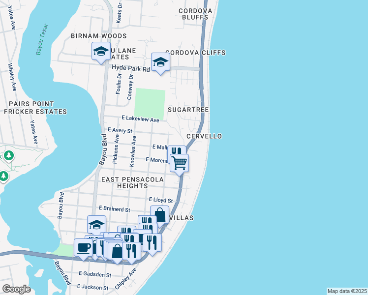 map of restaurants, bars, coffee shops, grocery stores, and more near 2102 15th Avenue in Pensacola