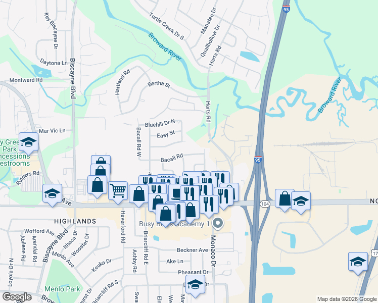 map of restaurants, bars, coffee shops, grocery stores, and more near 1005 Bacall Road in Jacksonville