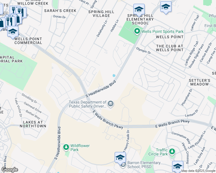 map of restaurants, bars, coffee shops, grocery stores, and more near South Heatherwilde Boulevard in Pflugerville