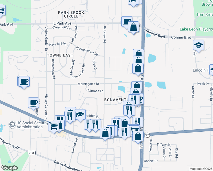 map of restaurants, bars, coffee shops, grocery stores, and more near 1104 Richview Road in Tallahassee