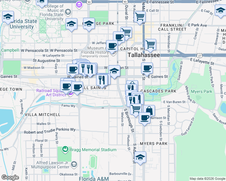 map of restaurants, bars, coffee shops, grocery stores, and more near 1005 South Martin Luther King Junior Boulevard in Tallahassee