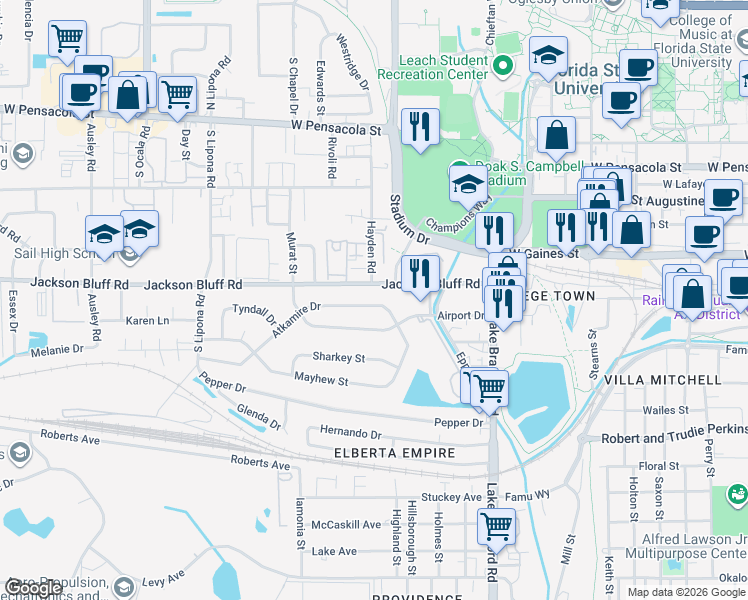 map of restaurants, bars, coffee shops, grocery stores, and more near 1605 Atkamire Drive in Tallahassee