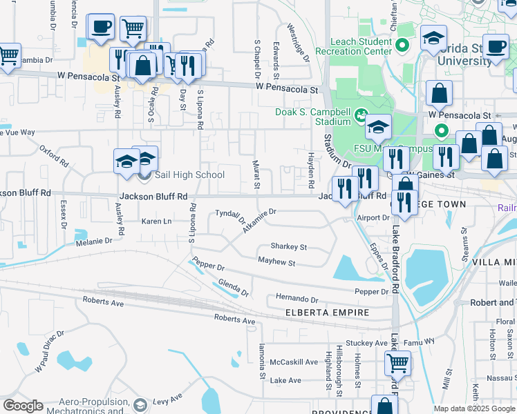 map of restaurants, bars, coffee shops, grocery stores, and more near 1663 Atkamire Drive in Tallahassee