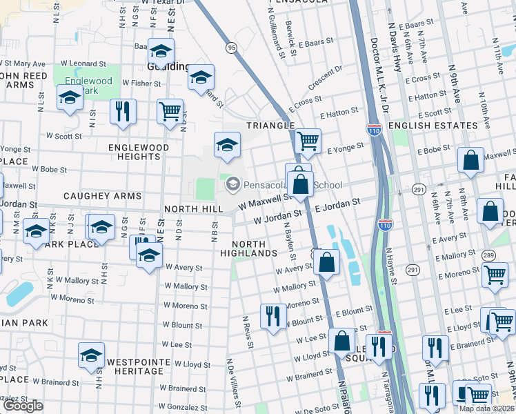 map of restaurants, bars, coffee shops, grocery stores, and more near 2103 North Spring Street in Pensacola