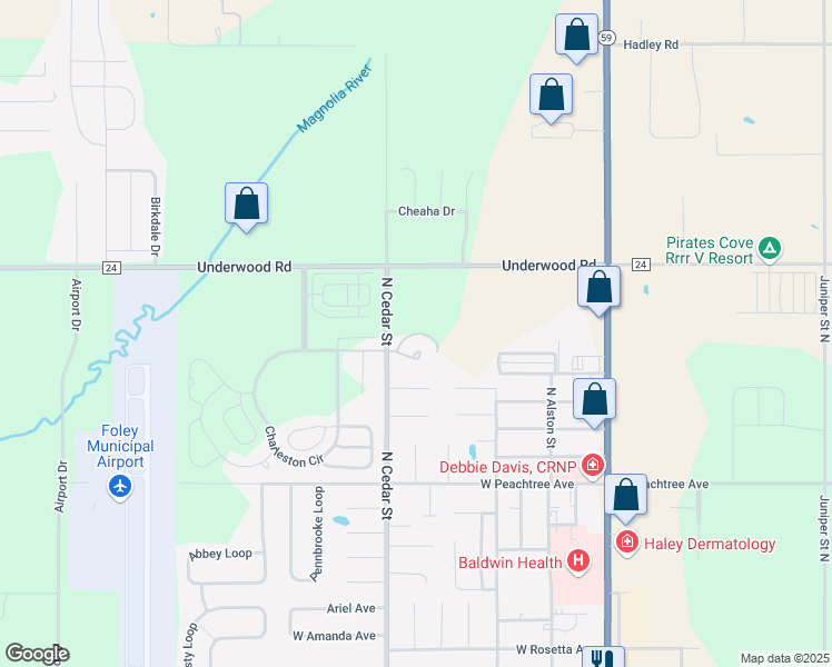 map of restaurants, bars, coffee shops, grocery stores, and more near 2300 North Cedar Street in Foley