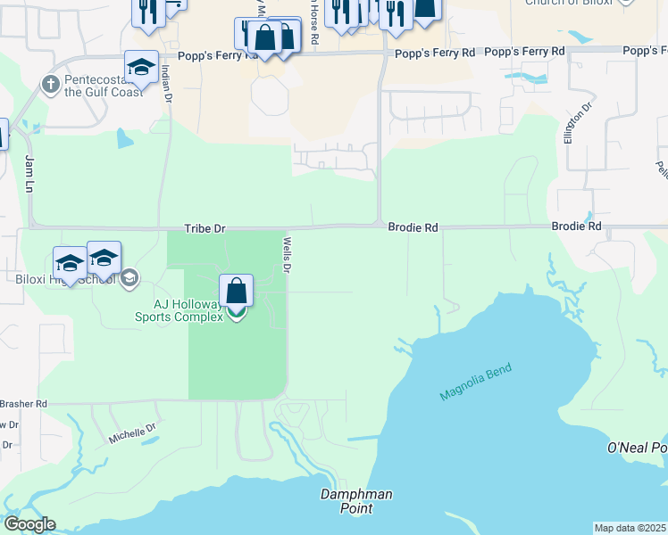 map of restaurants, bars, coffee shops, grocery stores, and more near 1735 Brasher Road in Biloxi