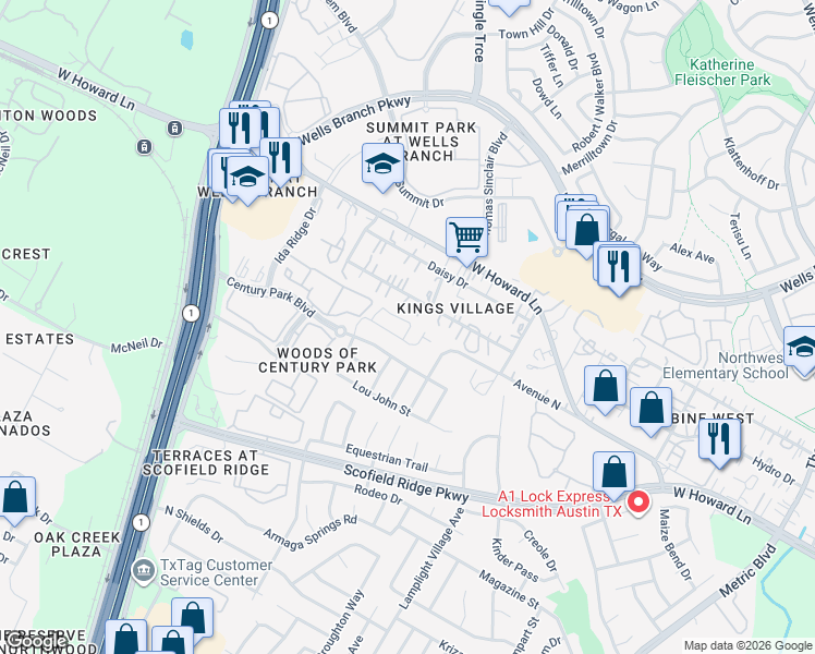 map of restaurants, bars, coffee shops, grocery stores, and more near 2608 Century Park Boulevard in Austin