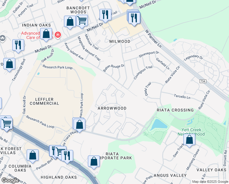 map of restaurants, bars, coffee shops, grocery stores, and more near 12370 Alameda Trace Circle in Austin