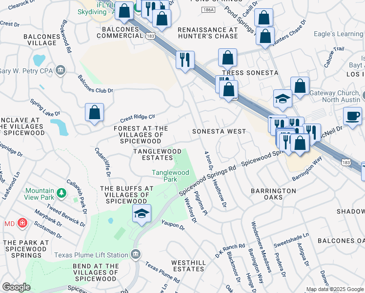 map of restaurants, bars, coffee shops, grocery stores, and more near 11611 Rustic Rock Drive in Austin