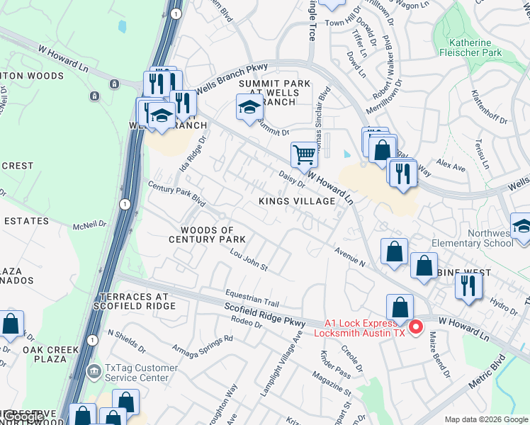 map of restaurants, bars, coffee shops, grocery stores, and more near 2608 Century Park Boulevard in Austin