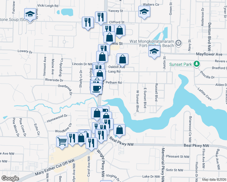 map of restaurants, bars, coffee shops, grocery stores, and more near 218 Pelham Road in Fort Walton Beach