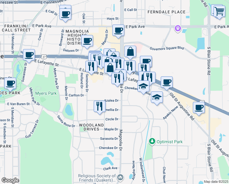 map of restaurants, bars, coffee shops, grocery stores, and more near 1112 South Magnolia Drive in Tallahassee