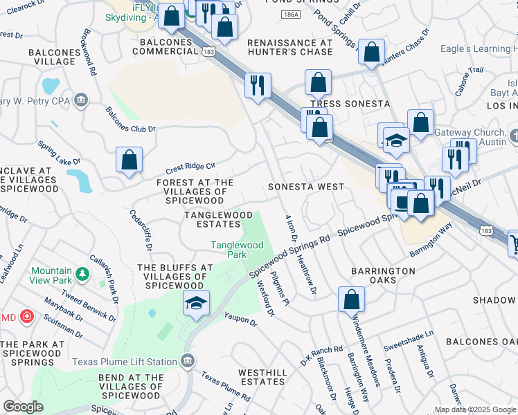 map of restaurants, bars, coffee shops, grocery stores, and more near 11611 Rustic Rock Drive in Austin