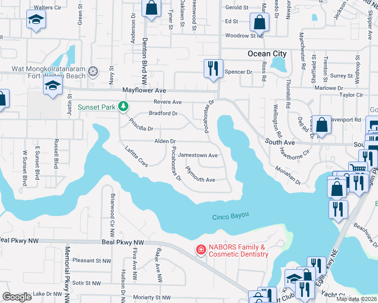 map of restaurants, bars, coffee shops, grocery stores, and more near 123 Jamestown Avenue in Fort Walton Beach