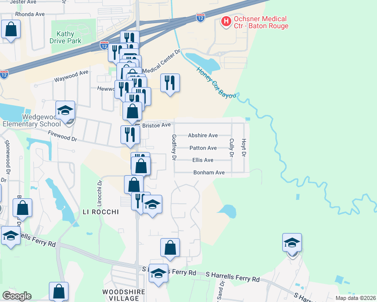 map of restaurants, bars, coffee shops, grocery stores, and more near 16433 Ellis Avenue in Baton Rouge