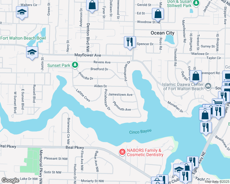 map of restaurants, bars, coffee shops, grocery stores, and more near 120 Jamestown Avenue in Fort Walton Beach