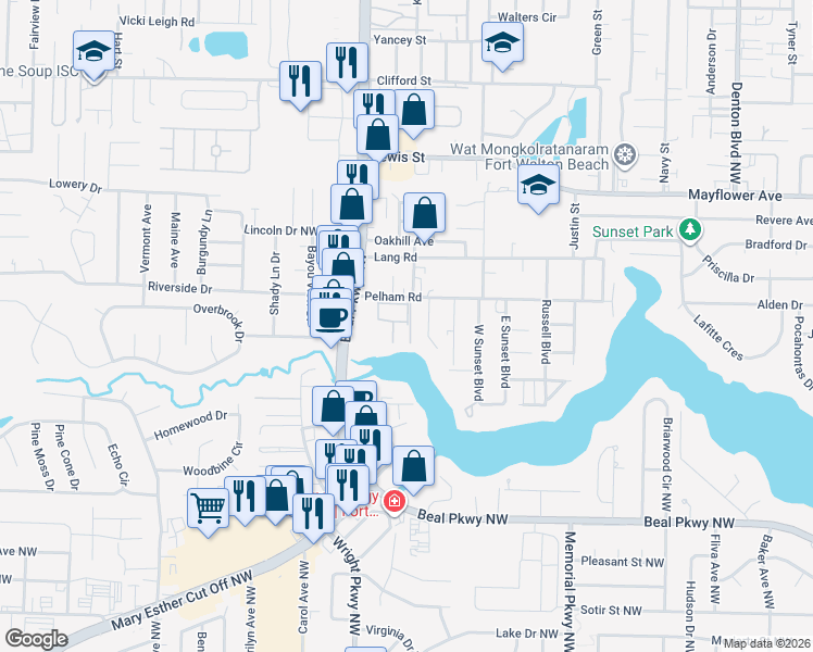 map of restaurants, bars, coffee shops, grocery stores, and more near 218 Pelham Road in Fort Walton Beach