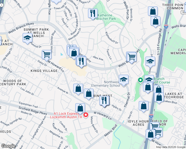 map of restaurants, bars, coffee shops, grocery stores, and more near 1915 Wells Branch Parkway in Austin